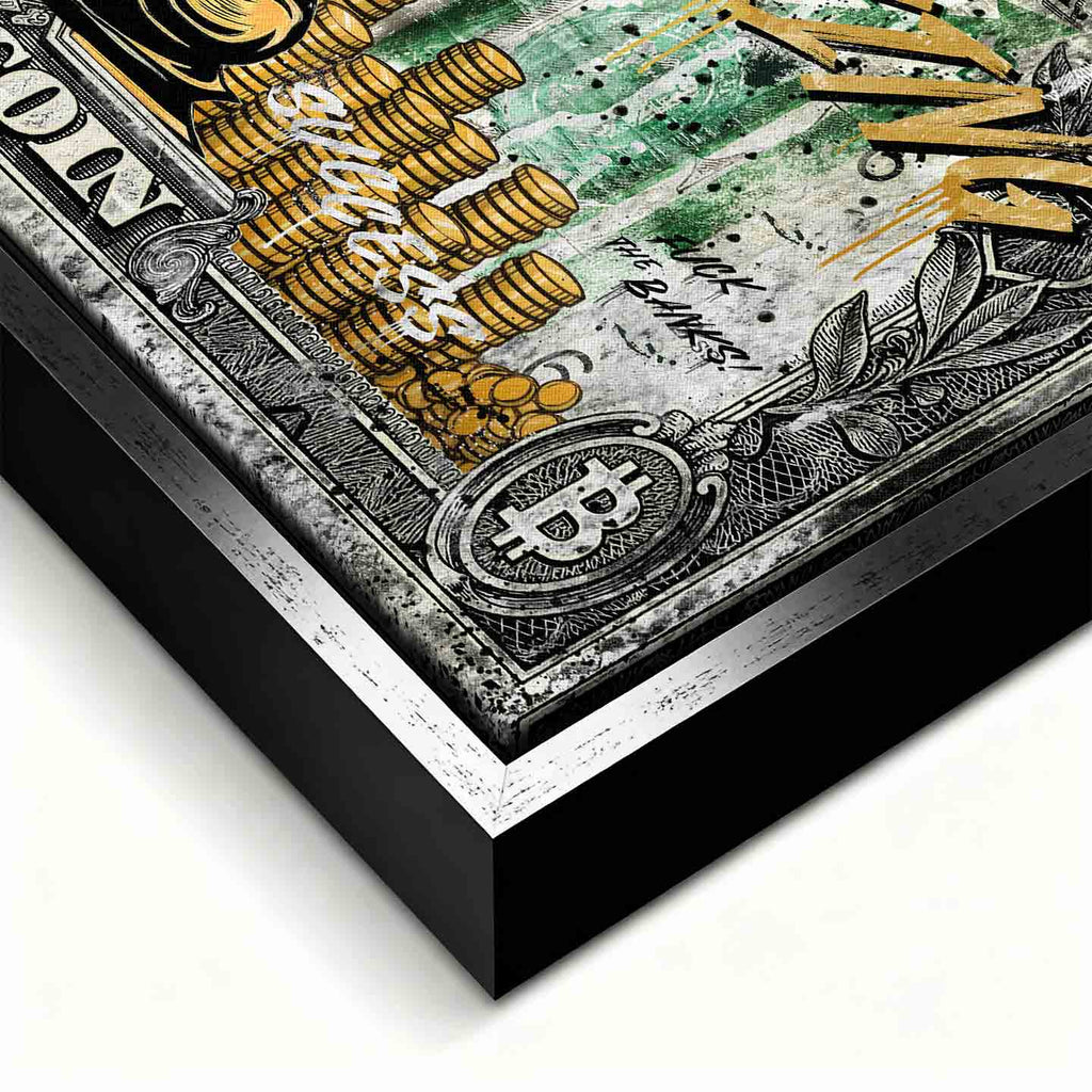 Obraz na płótnie Sknerus McKwacz Crypto Duck, stylizacja na banknot Bitcoin, postać w złotych szatach, napis Crypto is King, wydruk galeryjny, sztuka nowoczesna.