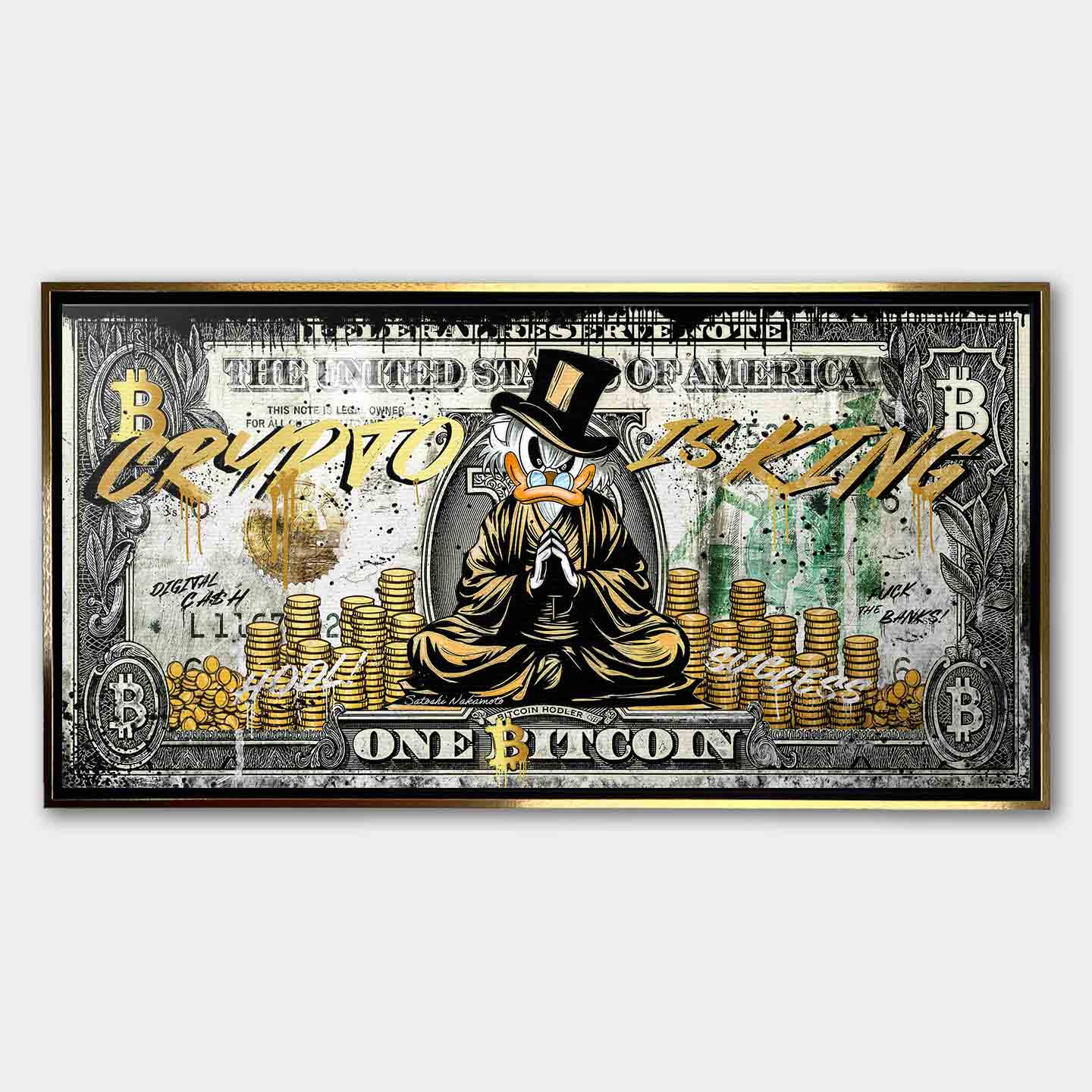 Obraz na płótnie Sknerus McKwacz Crypto Duck, stylizacja na banknot Bitcoin, postać w złotych szatach, napis Crypto is King, wydruk galeryjny, sztuka nowoczesna.
