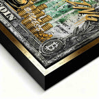 Obraz na płótnie Sknerus McKwacz Crypto Duck, stylizacja na banknot Bitcoin, postać w złotych szatach, napis Crypto is King, wydruk galeryjny, sztuka nowoczesna.