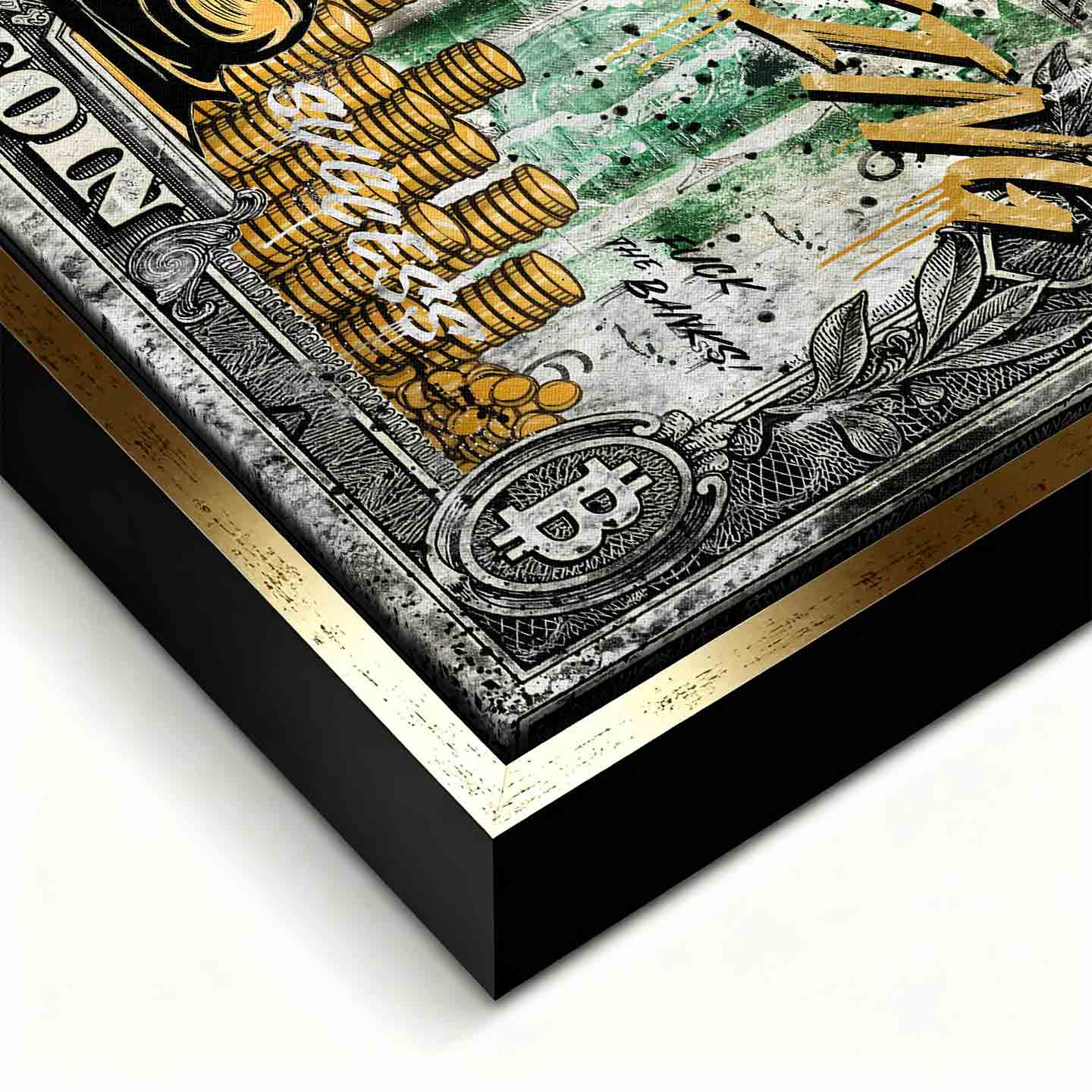 Obraz na płótnie Sknerus McKwacz Crypto Duck, stylizacja na banknot Bitcoin, postać w złotych szatach, napis Crypto is King, wydruk galeryjny, sztuka nowoczesna.