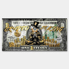 Obraz na płótnie Sknerus McKwacz Crypto Duck, stylizacja na banknot Bitcoin, postać w złotych szatach, napis Crypto is King, wydruk galeryjny, sztuka nowoczesna.