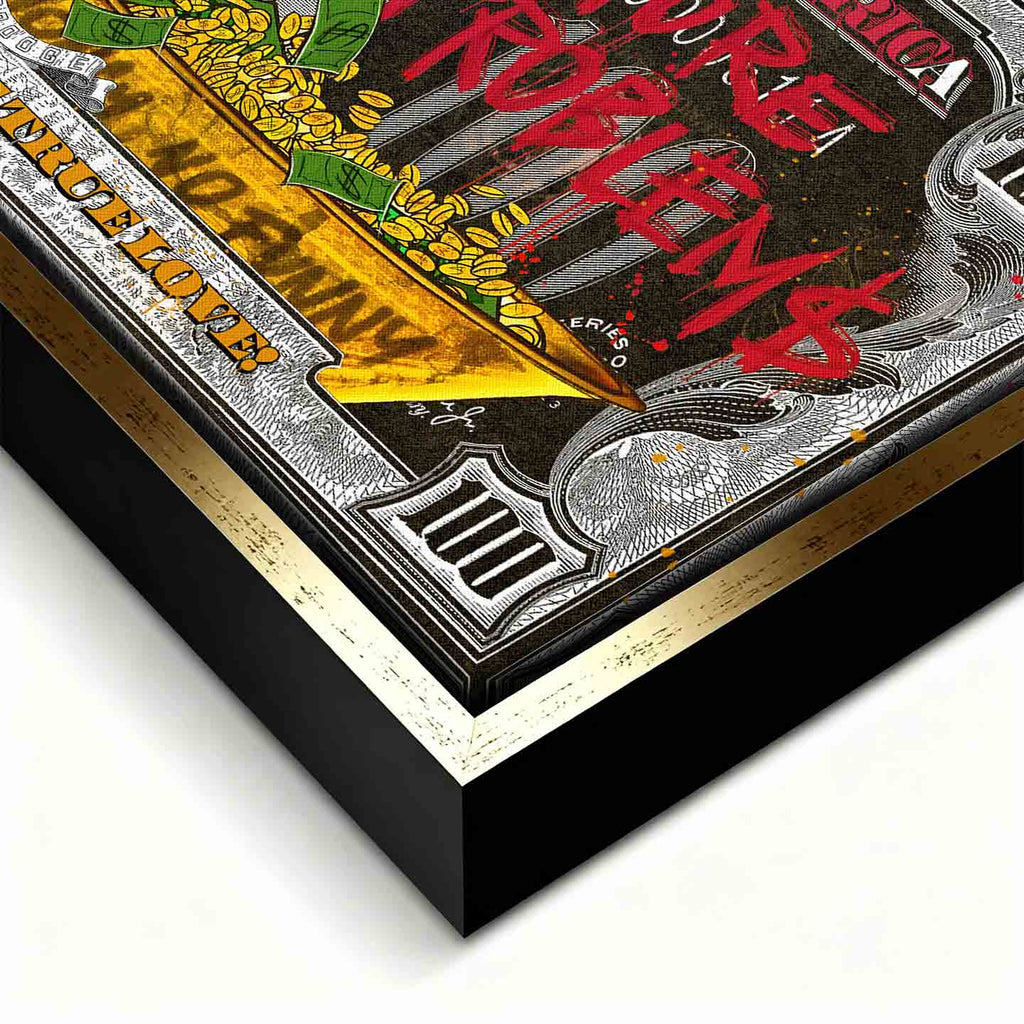 Obraz na płótnie w stylu pop-art przedstawiający Sknerusa McKwacza nurkującego w wannie pełnej złotych monet na tle stylizowanego banknotu dolarowego. Grafika zawiera czerwone napisy graffiti "More Money" i "More Problems"