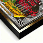 Obraz na płótnie w stylu pop-art przedstawiający Sknerusa McKwacza nurkującego w wannie pełnej złotych monet na tle stylizowanego banknotu dolarowego. Grafika zawiera czerwone napisy graffiti "More Money" i "More Problems"