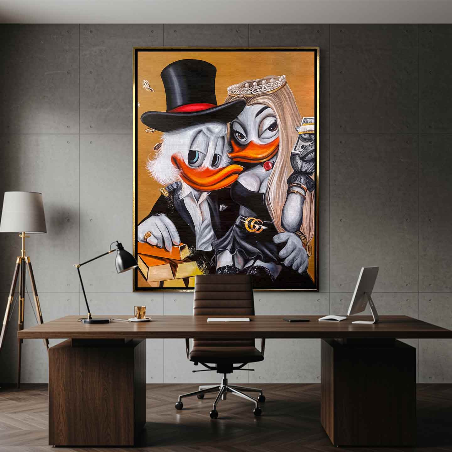 Obraz Sknerus McKwacz na płótnie Ducks in Black, złoto, styl luksusowy, wydruk galeryjny Huephant, pop art.