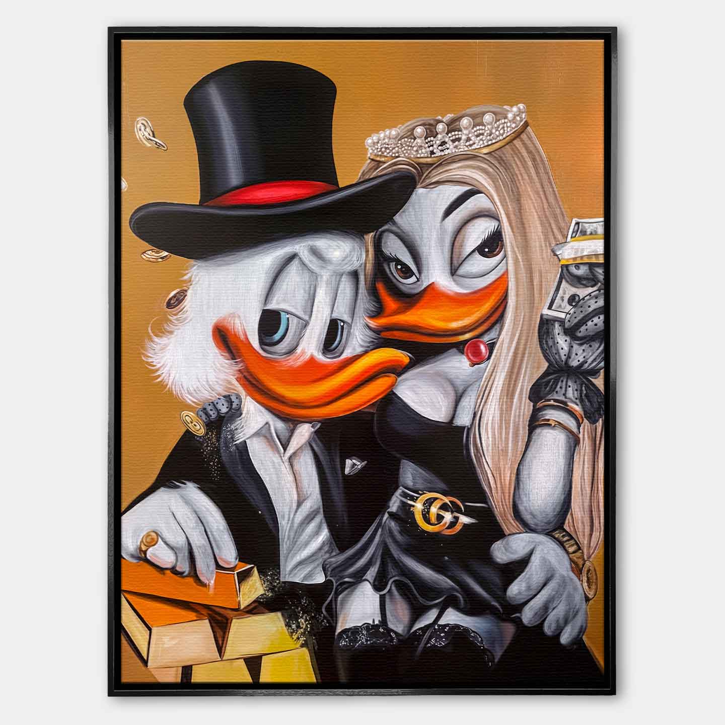 Obraz Sknerus McKwacz na płótnie Ducks in Black, złoto, styl luksusowy, wydruk galeryjny Huephant, pop art.