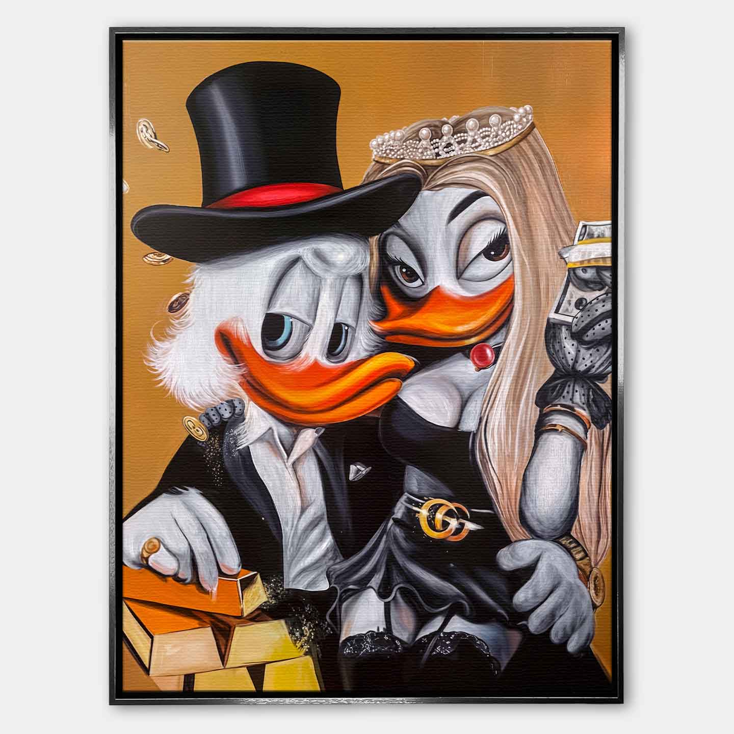 Obraz Sknerus McKwacz na płótnie Ducks in Black, złoto, styl luksusowy, wydruk galeryjny Huephant, pop art.