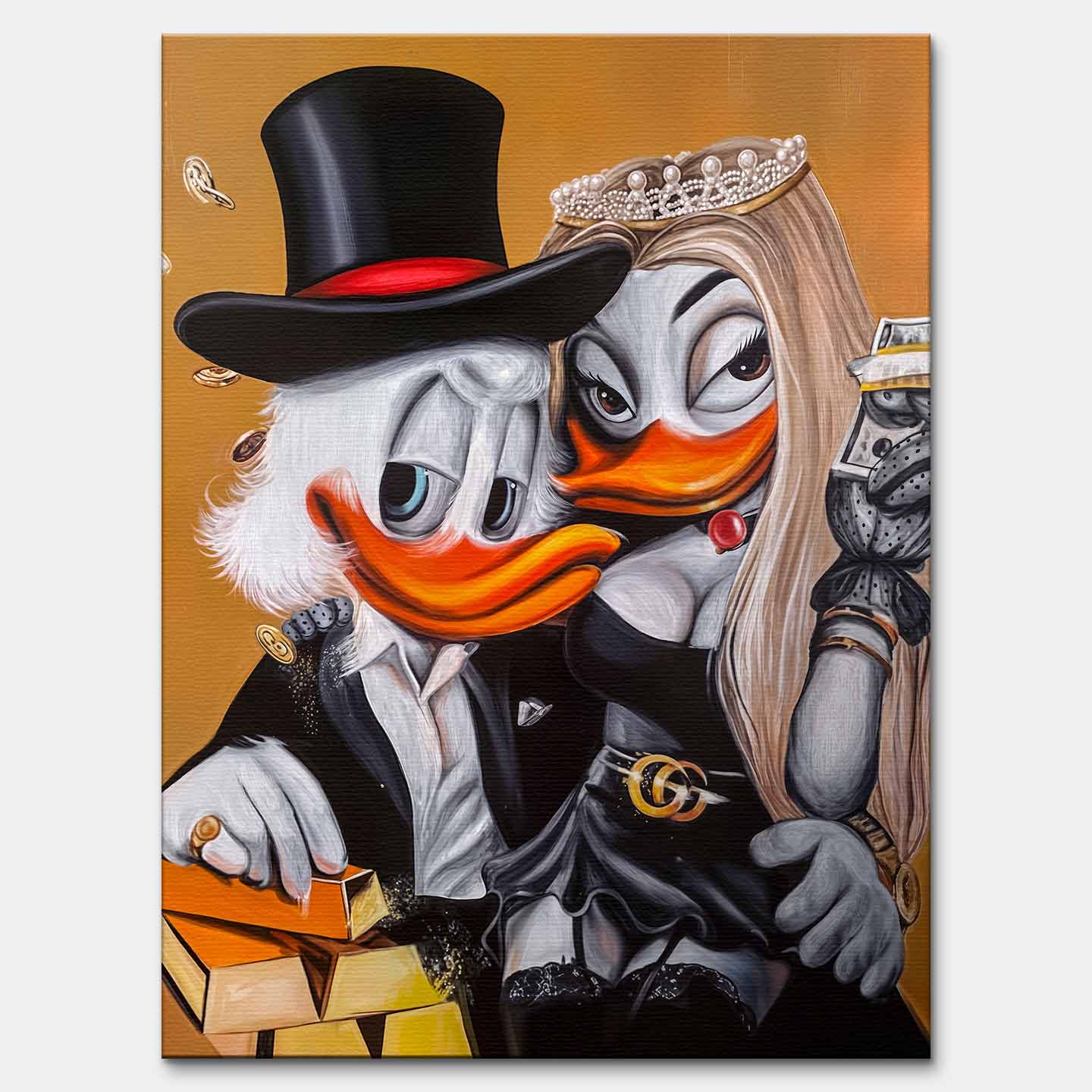Obraz Sknerus McKwacz na płótnie Ducks in Black, złoto, styl luksusowy, wydruk galeryjny Huephant, pop art.