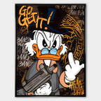 Obraz Sknerus McKwacz na płótnie „Go Get It Duck”. Sknerus McKwacz w stylu street art, z bronią i napisem Go Get It, symbol determinacji i siły w dążeniu do sukcesu.