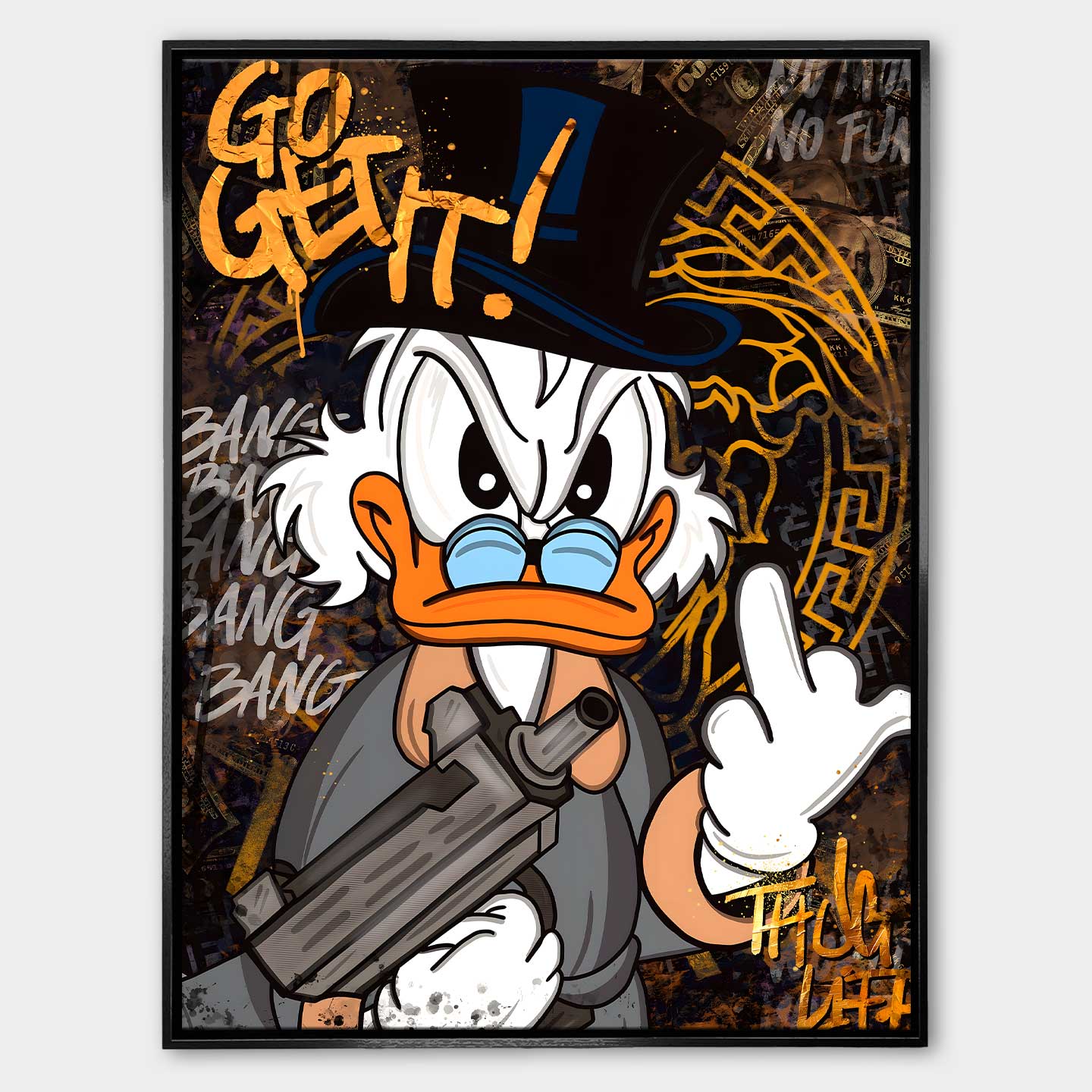 Obraz Sknerus McKwacz na płótnie „Go Get It Duck”. Sknerus McKwacz w stylu street art, z bronią i napisem Go Get It, symbol determinacji i siły w dążeniu do sukcesu.