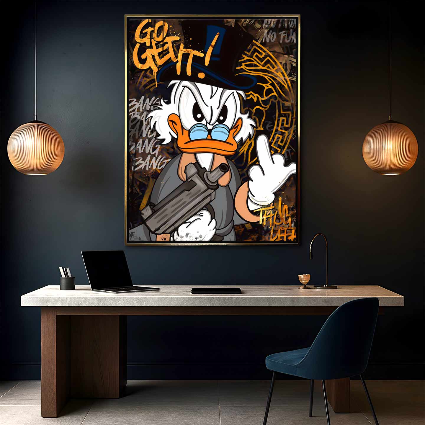 Obraz Sknerus McKwacz na płótnie „Go Get It Duck”. Sknerus McKwacz w stylu street art, z bronią i napisem Go Get It, symbol determinacji i siły w dążeniu do sukcesu.