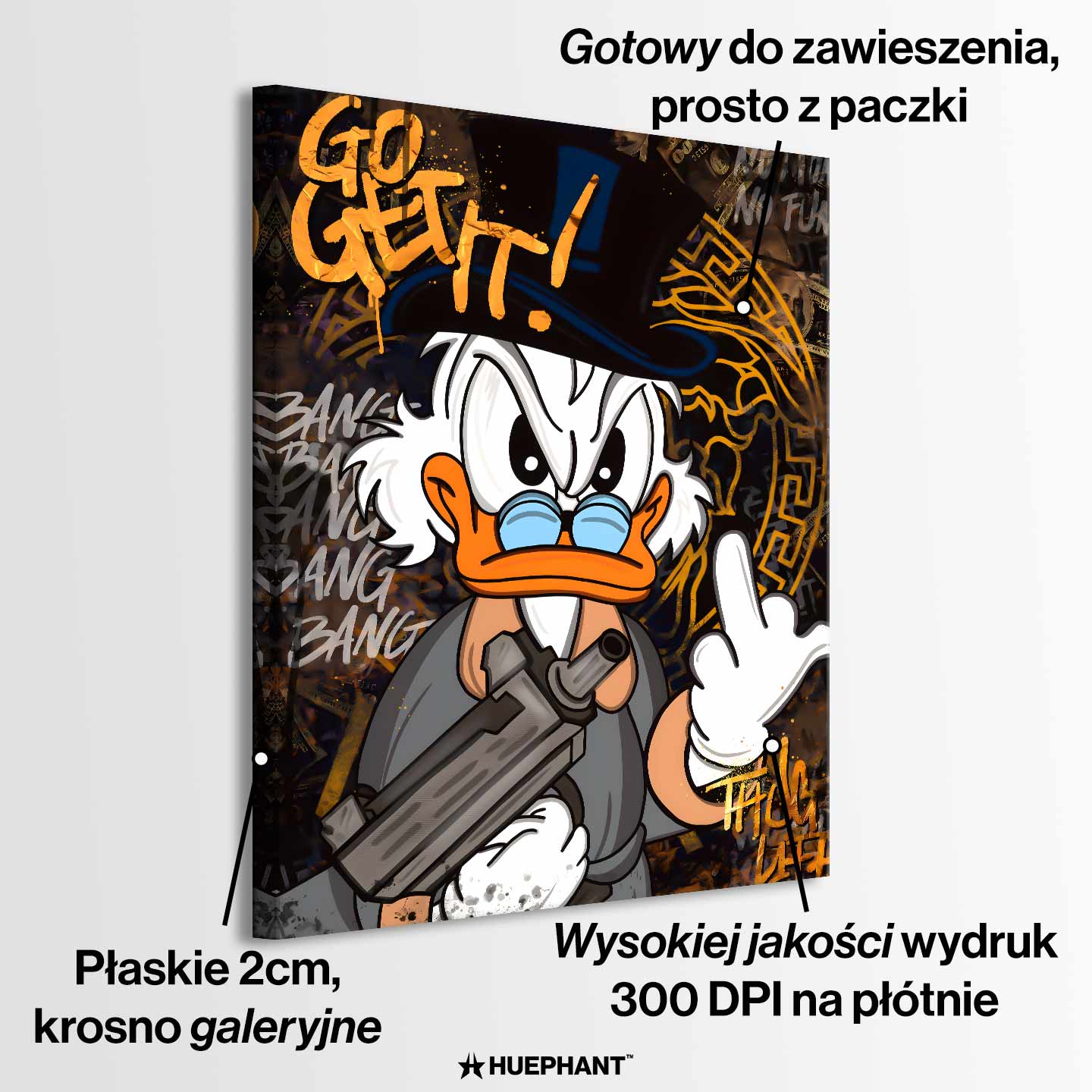 Obraz Sknerus McKwacz na płótnie „Go Get It Duck”. Sknerus McKwacz w stylu street art, z bronią i napisem Go Get It, symbol determinacji i siły w dążeniu do sukcesu.