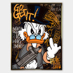 Obraz Sknerus McKwacz na płótnie „Go Get It Duck”. Sknerus McKwacz w stylu street art, z bronią i napisem Go Get It, symbol determinacji i siły w dążeniu do sukcesu.