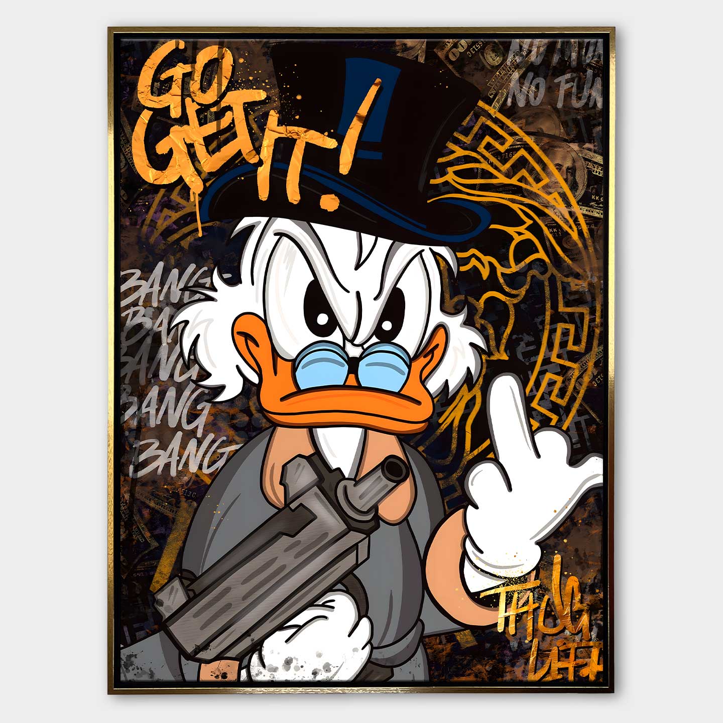 Obraz Sknerus McKwacz na płótnie „Go Get It Duck”. Sknerus McKwacz w stylu street art, z bronią i napisem Go Get It, symbol determinacji i siły w dążeniu do sukcesu.