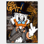 Obraz Sknerus McKwacz na płótnie „Go Get It Duck”. Sknerus McKwacz w stylu street art, z bronią i napisem Go Get It, symbol determinacji i siły w dążeniu do sukcesu.
