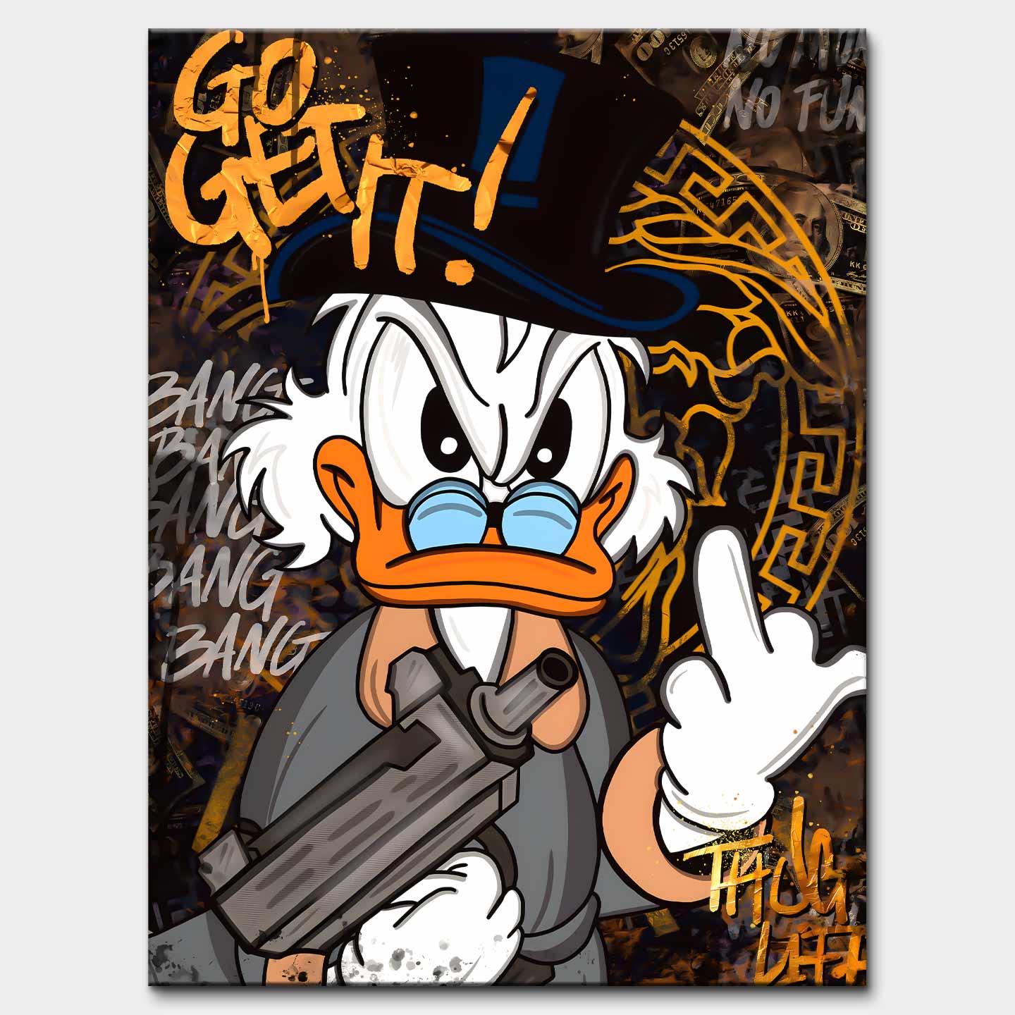 Obraz Sknerus McKwacz na płótnie „Go Get It Duck”. Sknerus McKwacz w stylu street art, z bronią i napisem Go Get It, symbol determinacji i siły w dążeniu do sukcesu.