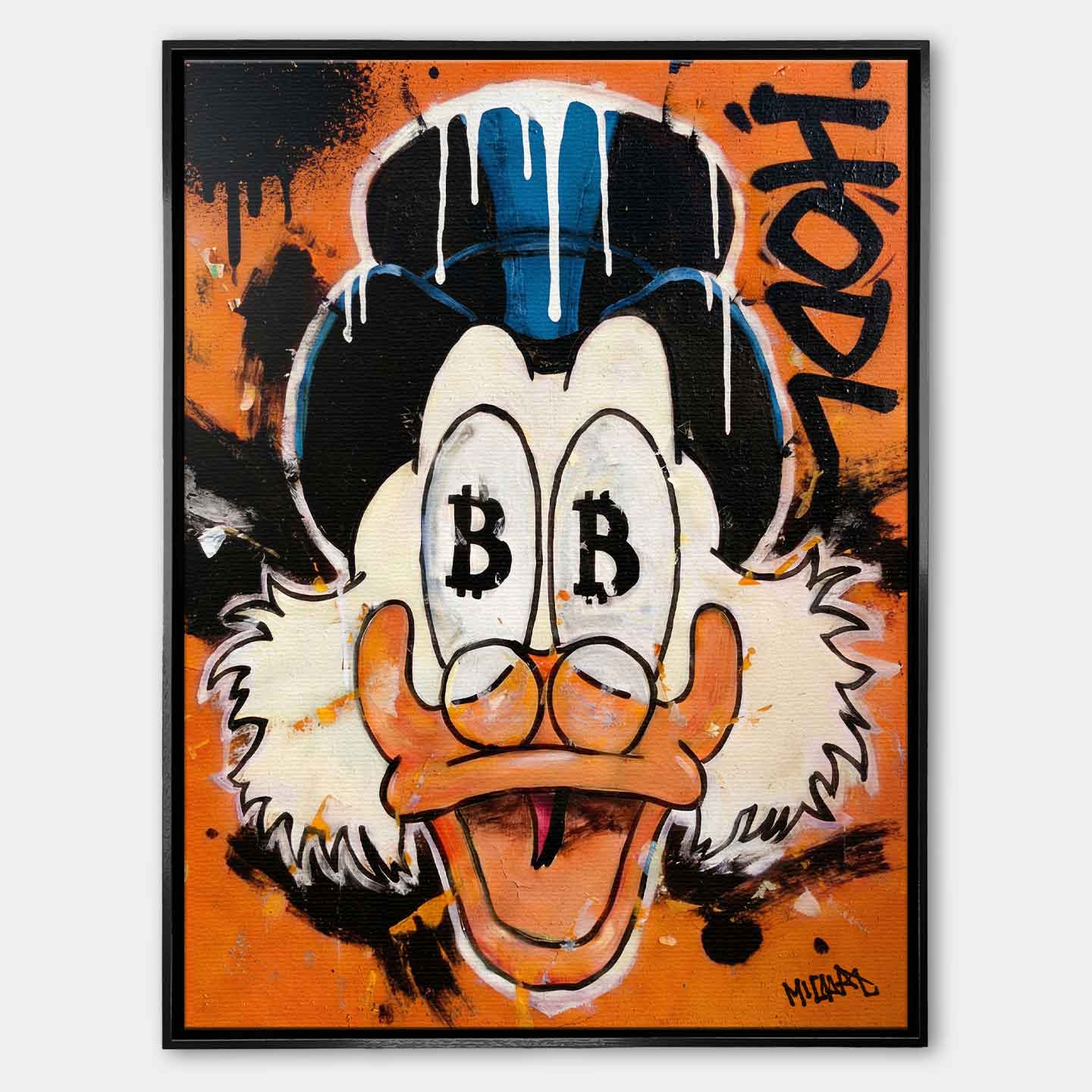 Nowoczesny obraz na płótnie Sknerus McKwacz HODL Duck, pop-art z symbolem Bitcoin w oczach i graffiti, wydruk galeryjny, sztuka nowoczesna na pomarańczowym tle.