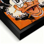 Nowoczesny obraz na płótnie Sknerus McKwacz HODL Duck, pop-art z symbolem Bitcoin w oczach i graffiti, wydruk galeryjny, sztuka nowoczesna na pomarańczowym tle.