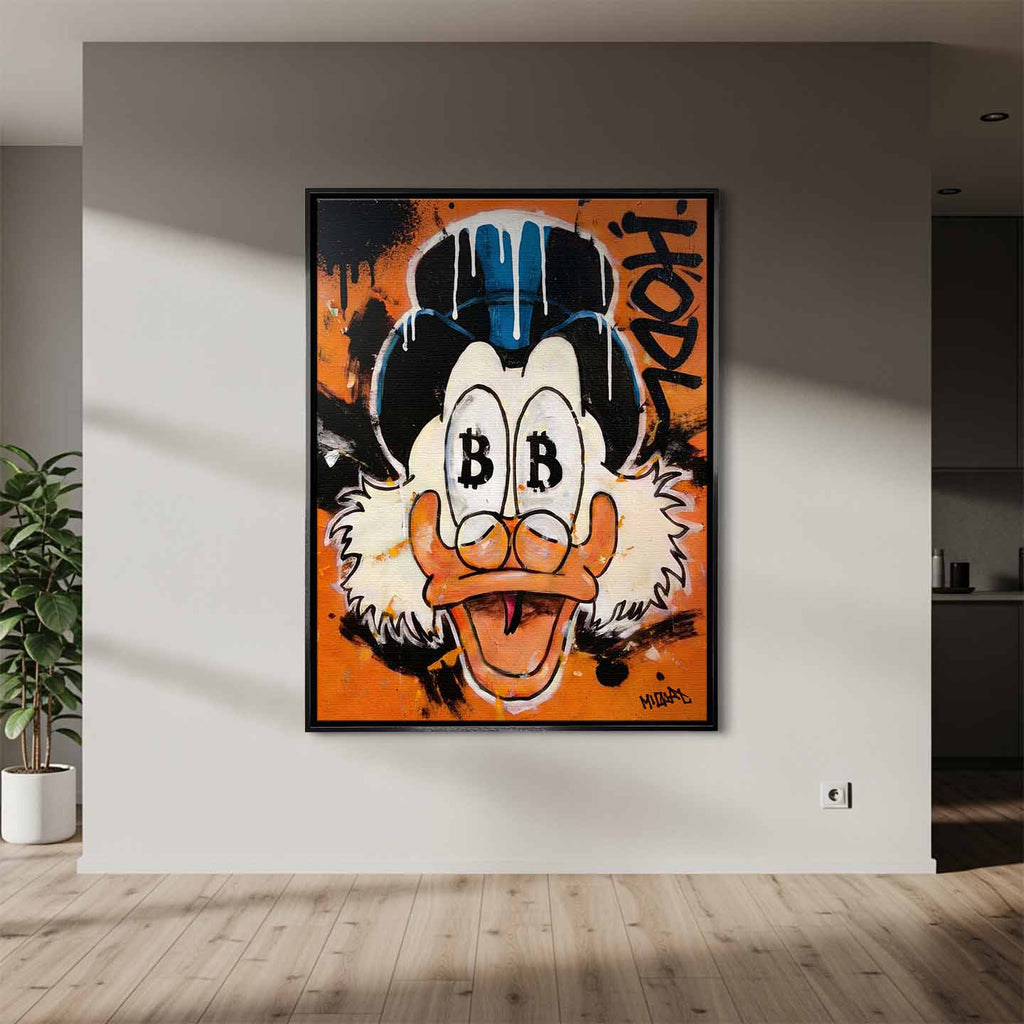 Nowoczesny obraz na płótnie Sknerus McKwacz HODL Duck, pop-art z symbolem Bitcoin w oczach i graffiti, wydruk galeryjny, sztuka nowoczesna na pomarańczowym tle.
