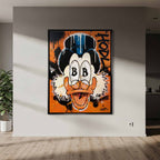 Nowoczesny obraz na płótnie Sknerus McKwacz HODL Duck, pop-art z symbolem Bitcoin w oczach i graffiti, wydruk galeryjny, sztuka nowoczesna na pomarańczowym tle.