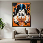 Nowoczesny obraz na płótnie Sknerus McKwacz HODL Duck, pop-art z symbolem Bitcoin w oczach i graffiti, wydruk galeryjny, sztuka nowoczesna na pomarańczowym tle.