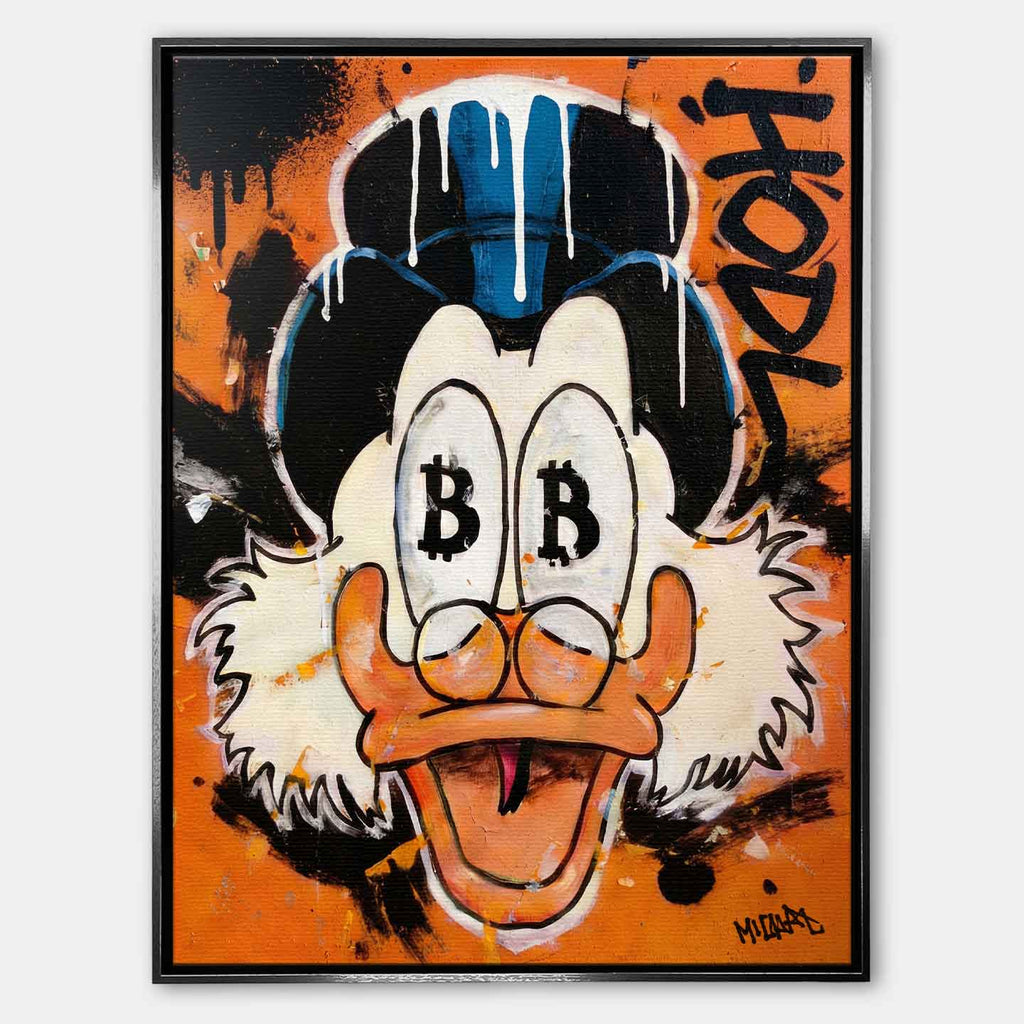 Nowoczesny obraz na płótnie Sknerus McKwacz HODL Duck, pop-art z symbolem Bitcoin w oczach i graffiti, wydruk galeryjny, sztuka nowoczesna na pomarańczowym tle.