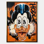 Nowoczesny obraz na płótnie Sknerus McKwacz HODL Duck, pop-art z symbolem Bitcoin w oczach i graffiti, wydruk galeryjny, sztuka nowoczesna na pomarańczowym tle.