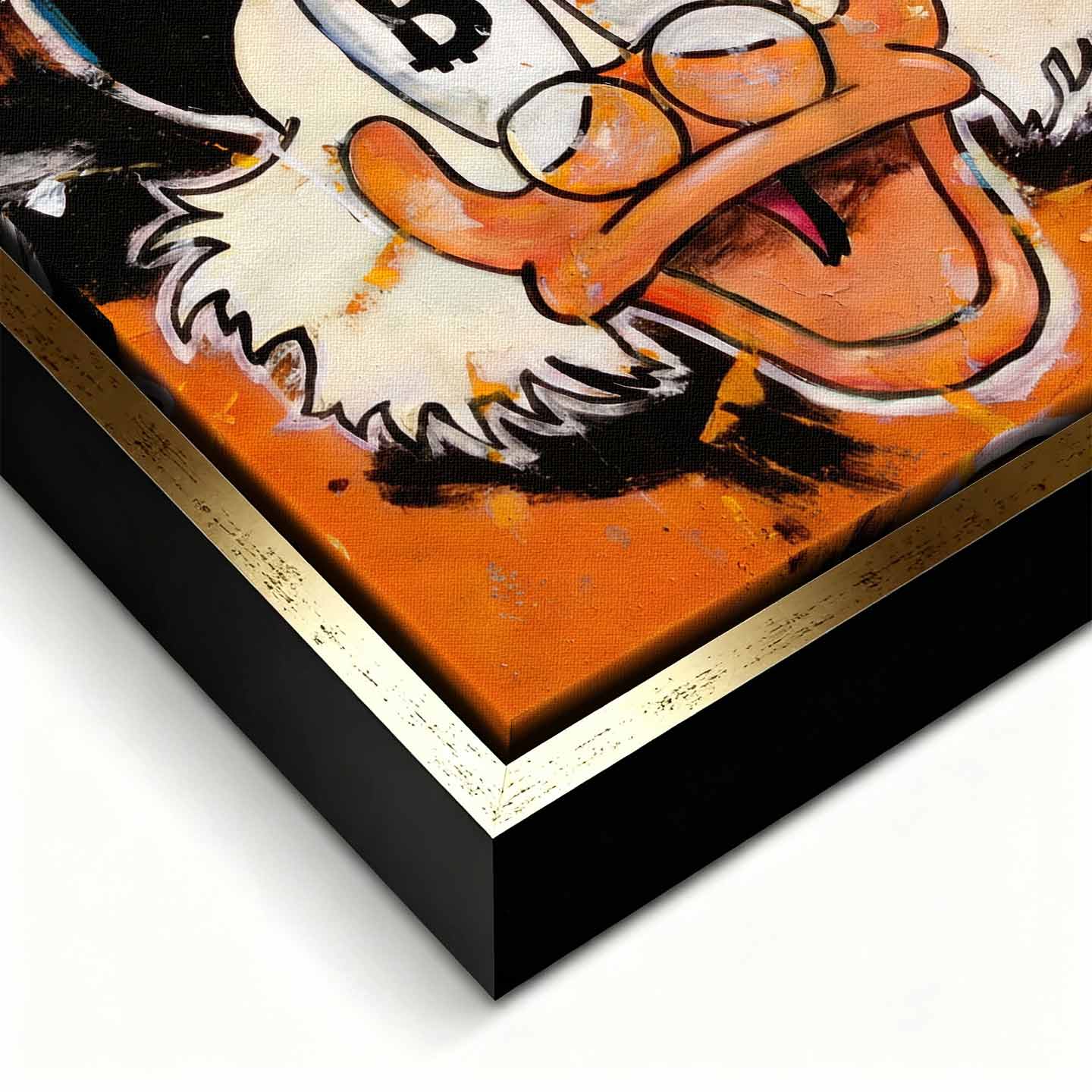 Nowoczesny obraz na płótnie Sknerus McKwacz HODL Duck, pop-art z symbolem Bitcoin w oczach i graffiti, wydruk galeryjny, sztuka nowoczesna na pomarańczowym tle.