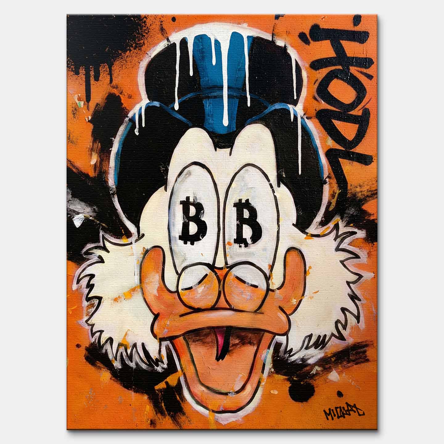 Nowoczesny obraz na płótnie Sknerus McKwacz HODL Duck, pop-art z symbolem Bitcoin w oczach i graffiti, wydruk galeryjny, sztuka nowoczesna na pomarańczowym tle.