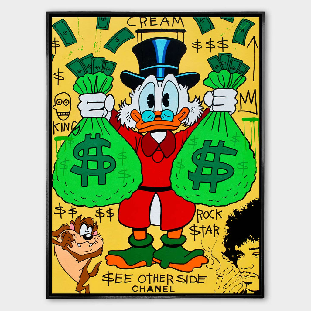 Obraz Sknerus McKwacz - Obraz na płótnie „Money Duck” ze Sknerusem McKwaczem trzymającym dwa wielkie worki pieniędzy na tle graffiti z symbolami dolara – motywacyjna sztuka street-art w żywych kolorach.