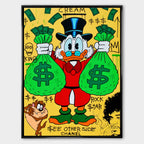 Obraz Sknerus McKwacz - Obraz na płótnie „Money Duck” ze Sknerusem McKwaczem trzymającym dwa wielkie worki pieniędzy na tle graffiti z symbolami dolara – motywacyjna sztuka street-art w żywych kolorach.