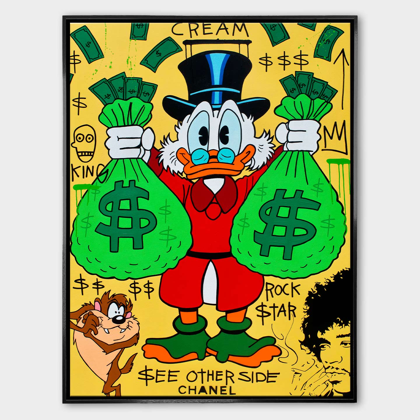 Obraz Sknerus McKwacz - Obraz na płótnie „Money Duck” ze Sknerusem McKwaczem trzymającym dwa wielkie worki pieniędzy na tle graffiti z symbolami dolara – motywacyjna sztuka street-art w żywych kolorach.