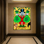 Obraz Sknerus McKwacz - Obraz na płótnie „Money Duck” ze Sknerusem McKwaczem trzymającym dwa wielkie worki pieniędzy na tle graffiti z symbolami dolara – motywacyjna sztuka street-art w żywych kolorach.