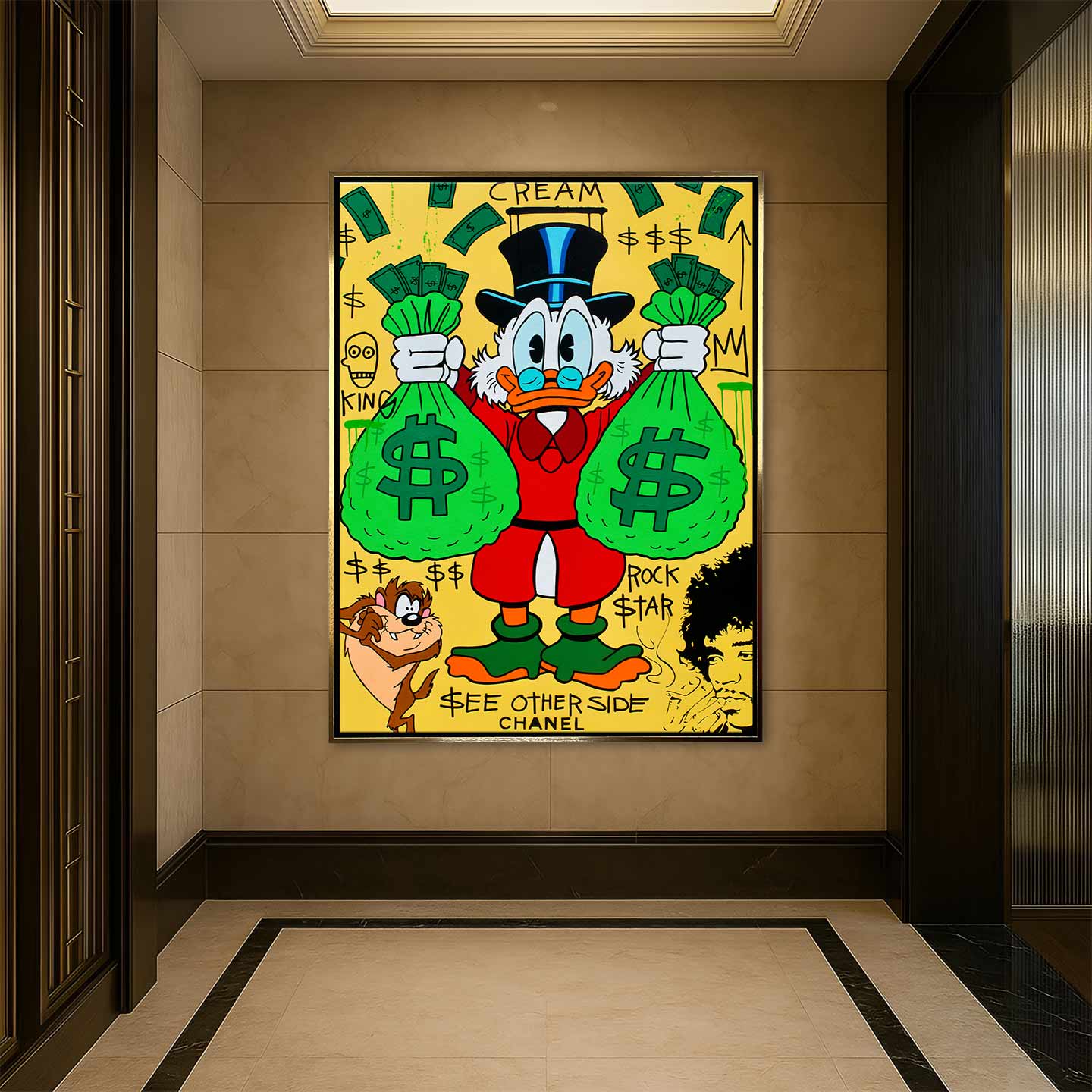 Obraz Sknerus McKwacz - Obraz na płótnie „Money Duck” ze Sknerusem McKwaczem trzymającym dwa wielkie worki pieniędzy na tle graffiti z symbolami dolara – motywacyjna sztuka street-art w żywych kolorach.