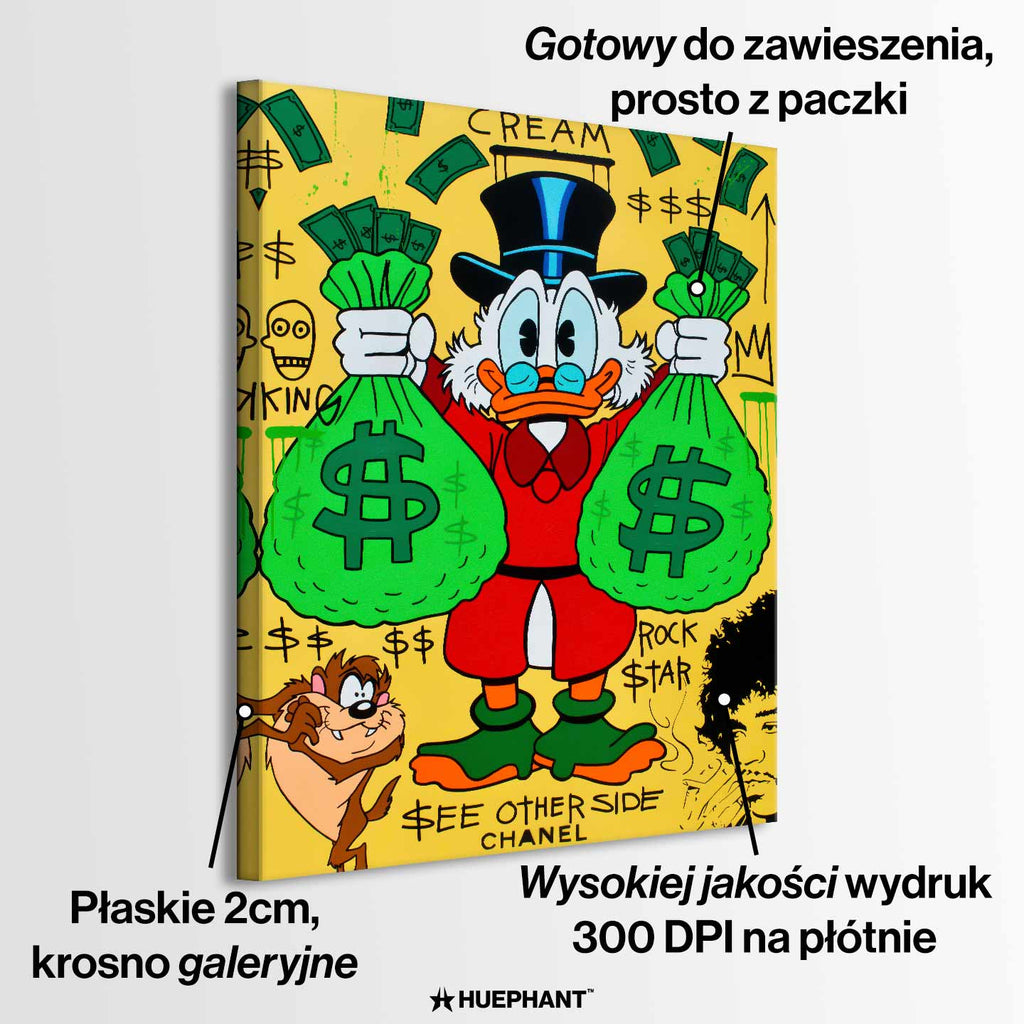 Obraz Sknerus McKwacz - Obraz na płótnie „Money Duck” ze Sknerusem McKwaczem trzymającym dwa wielkie worki pieniędzy na tle graffiti z symbolami dolara – motywacyjna sztuka street-art w żywych kolorach.