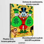 Obraz Sknerus McKwacz - Obraz na płótnie „Money Duck” ze Sknerusem McKwaczem trzymającym dwa wielkie worki pieniędzy na tle graffiti z symbolami dolara – motywacyjna sztuka street-art w żywych kolorach.