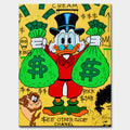 Obraz Sknerus McKwacz - Obraz na płótnie „Money Duck” ze Sknerusem McKwaczem trzymającym dwa wielkie worki pieniędzy na tle graffiti z symbolami dolara – motywacyjna sztuka street-art w żywych kolorach.