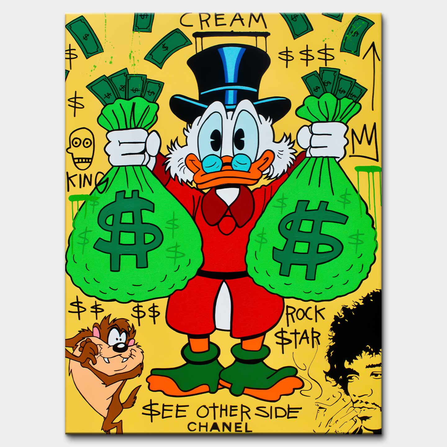 Obraz Sknerus McKwacz - Obraz na płótnie „Money Duck” ze Sknerusem McKwaczem trzymającym dwa wielkie worki pieniędzy na tle graffiti z symbolami dolara – motywacyjna sztuka street-art w żywych kolorach.