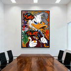 Obraz na płótnie Money Talks ze Sknerusem McKwaczem w pop-artowym stylu, z cygarem i graffiti w tle, symbolizujący luksus i pewność siebie.