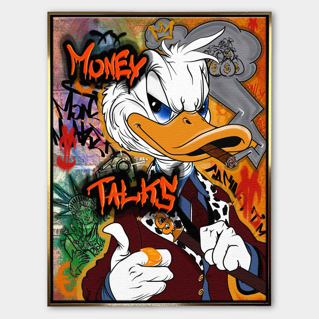 Obraz na płótnie Money Talks ze Sknerusem McKwaczem w pop-artowym stylu, z cygarem i graffiti w tle, symbolizujący luksus i pewność siebie.