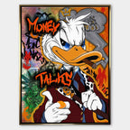 Obraz na płótnie Money Talks ze Sknerusem McKwaczem w pop-artowym stylu, z cygarem i graffiti w tle, symbolizujący luksus i pewność siebie.