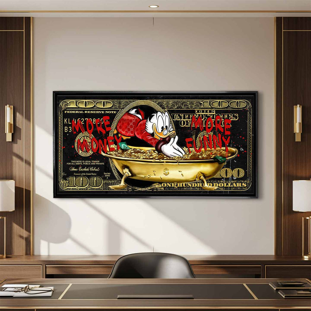 Obraz na płótnie Sknerus McKwacz - Money Funny Duck, złoty banknot w tle, wydruk galeryjny, sztuka nowoczesna Huephant.