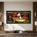 Obraz na płótnie Sknerus McKwacz - Money Funny Duck, złoty banknot w tle, wydruk galeryjny, sztuka nowoczesna Huephant.