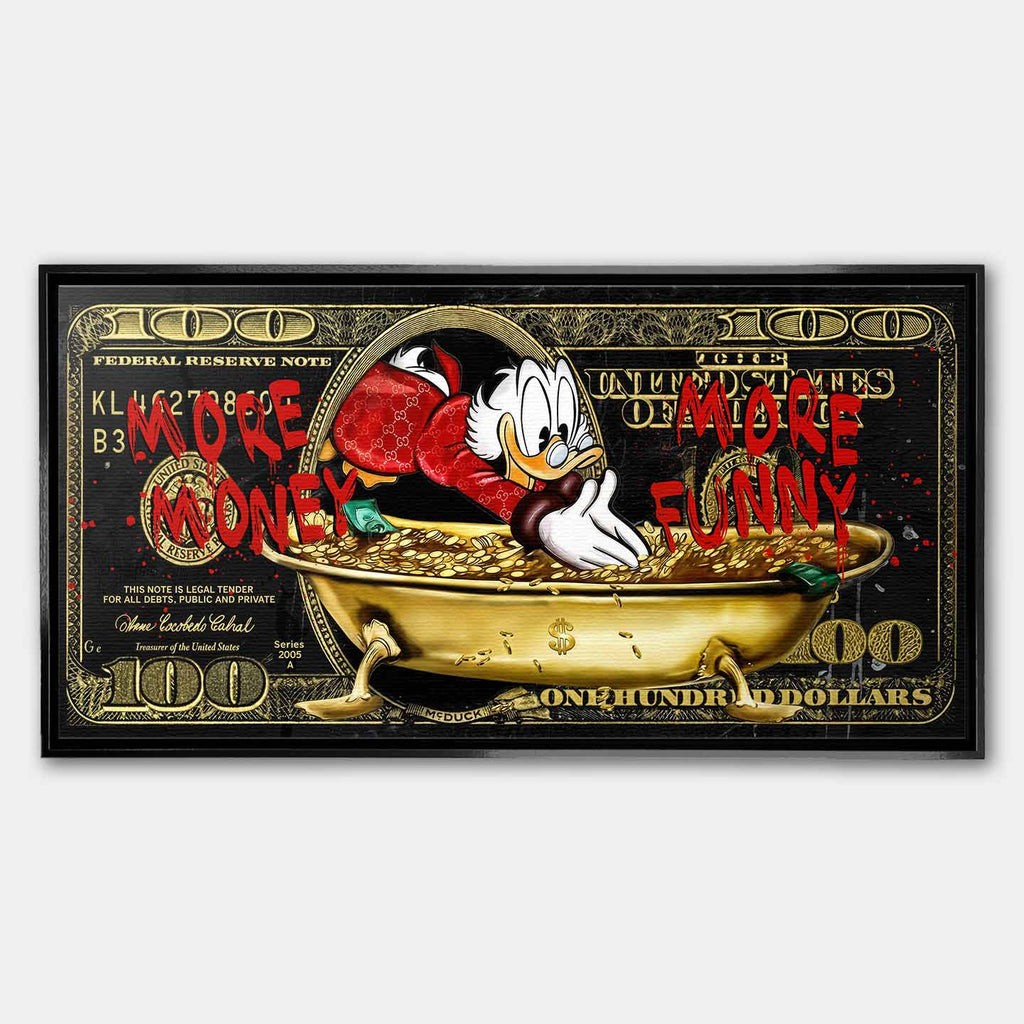 Obraz na płótnie Sknerus McKwacz - Money Funny Duck, złoty banknot w tle, wydruk galeryjny, sztuka nowoczesna Huephant.