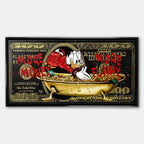 Obraz na płótnie Sknerus McKwacz - Money Funny Duck, złoty banknot w tle, wydruk galeryjny, sztuka nowoczesna Huephant.