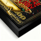 Obraz na płótnie Sknerus McKwacz - Money Funny Duck, złoty banknot w tle, wydruk galeryjny, sztuka nowoczesna Huephant.