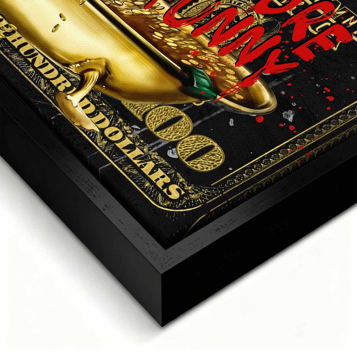 Obraz na płótnie Sknerus McKwacz - Money Funny Duck, złoty banknot w tle, wydruk galeryjny, sztuka nowoczesna Huephant.