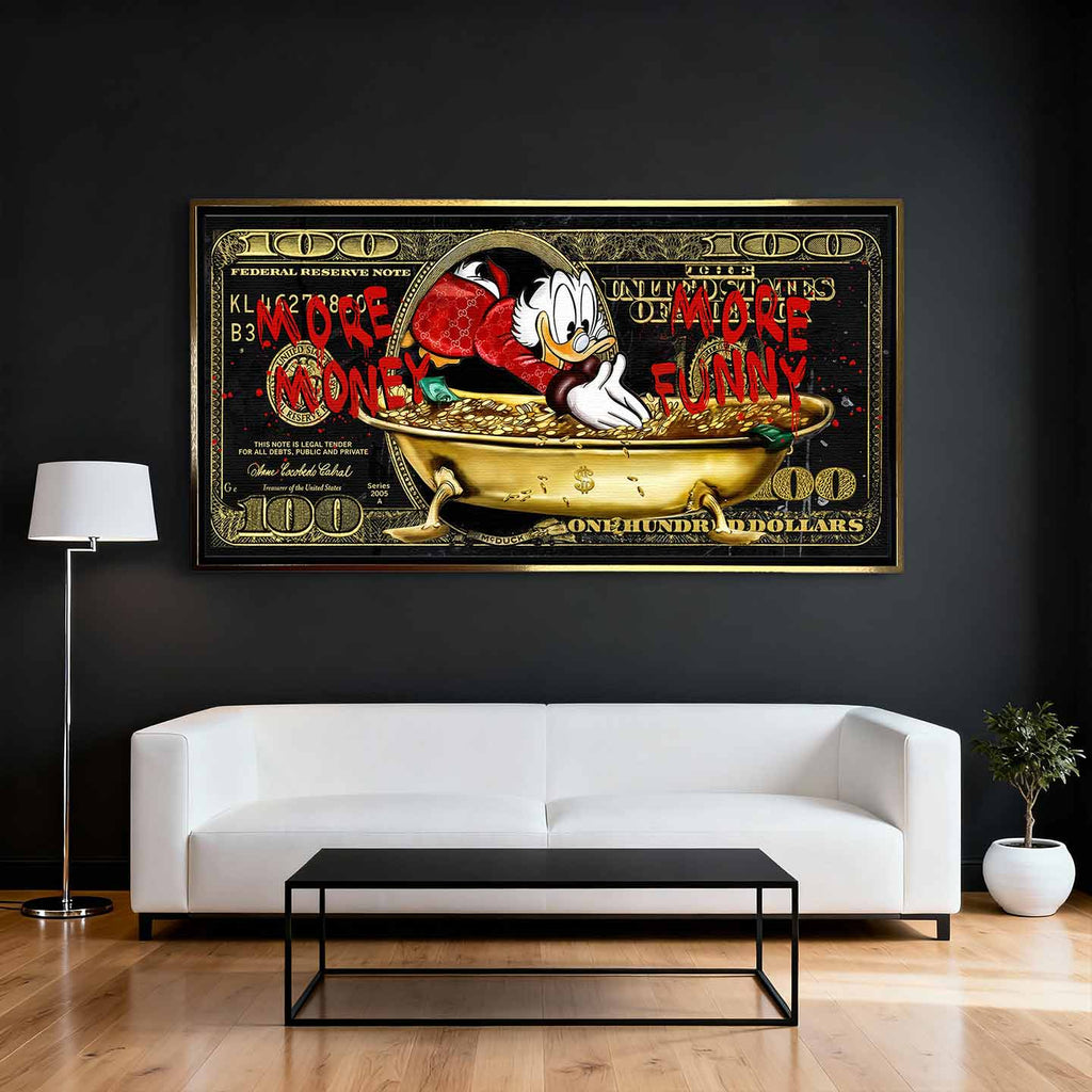 Obraz na płótnie Sknerus McKwacz - Money Funny Duck, złoty banknot w tle, wydruk galeryjny, sztuka nowoczesna Huephant.