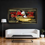 Obraz na płótnie Sknerus McKwacz - Money Funny Duck, złoty banknot w tle, wydruk galeryjny, sztuka nowoczesna Huephant.