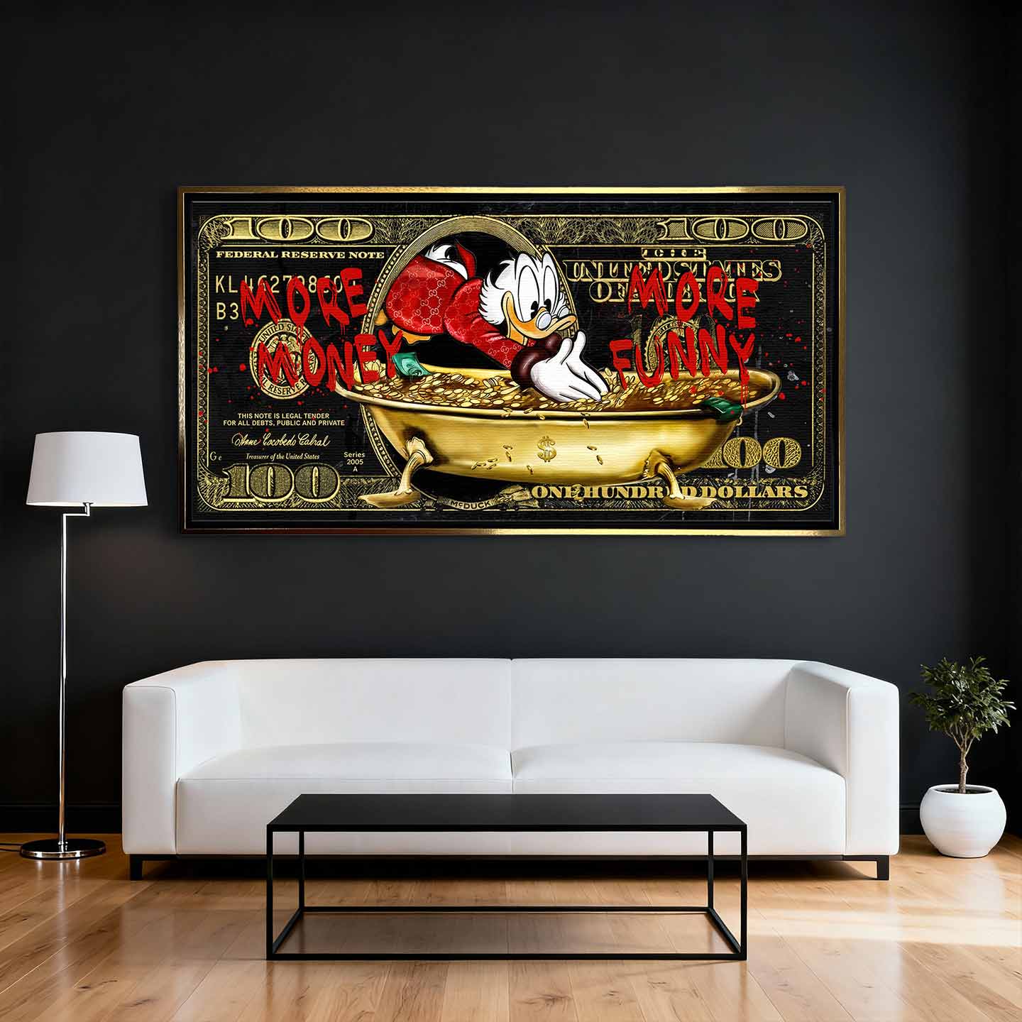 Obraz na płótnie Sknerus McKwacz - Money Funny Duck, złoty banknot w tle, wydruk galeryjny, sztuka nowoczesna Huephant.