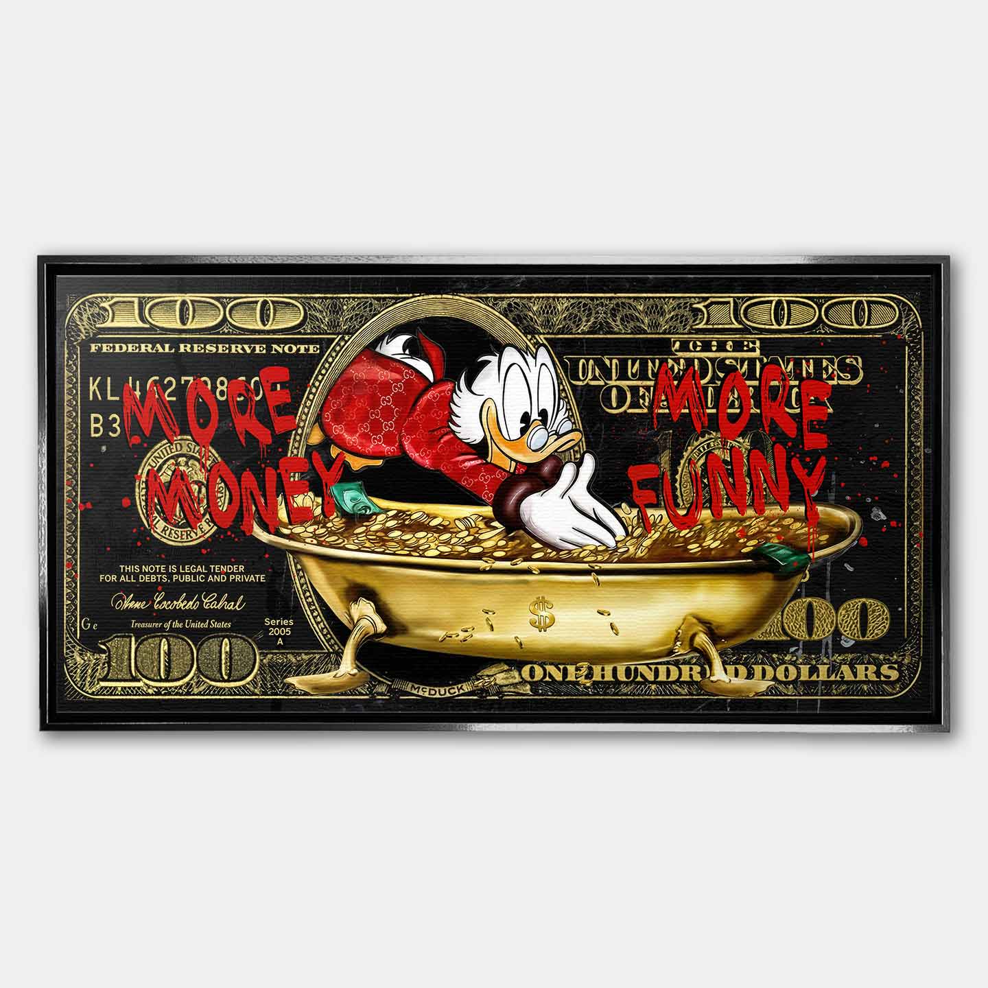 Obraz na płótnie Sknerus McKwacz - Money Funny Duck, złoty banknot w tle, wydruk galeryjny, sztuka nowoczesna Huephant.